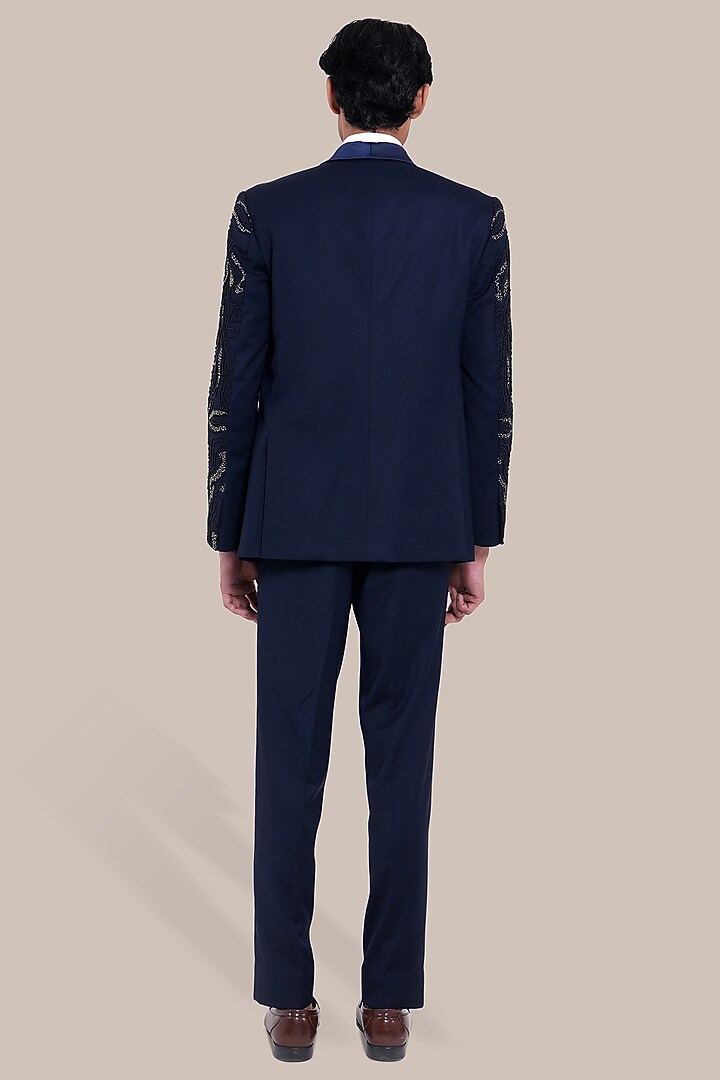Navy Blue Wool Blend Zari Embroidered Tuxedo Set by BRAHAAN at Pernia's Pop Up Shop