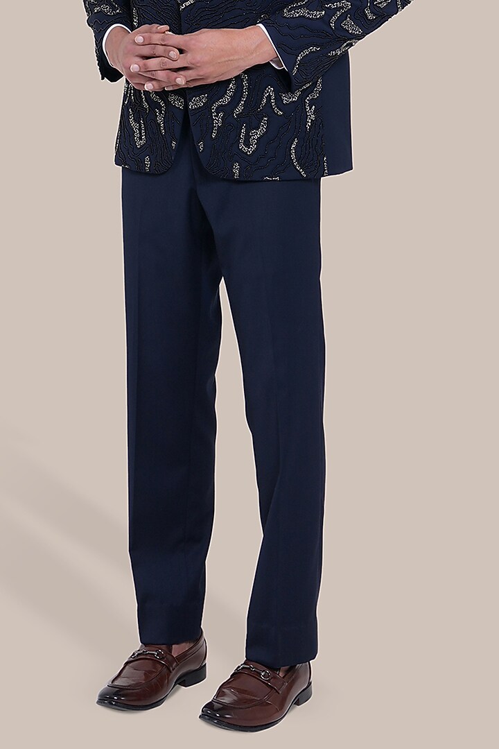 Navy Blue Wool Blend Zari Embroidered Tuxedo Set by BRAHAAN at Pernia's Pop Up Shop