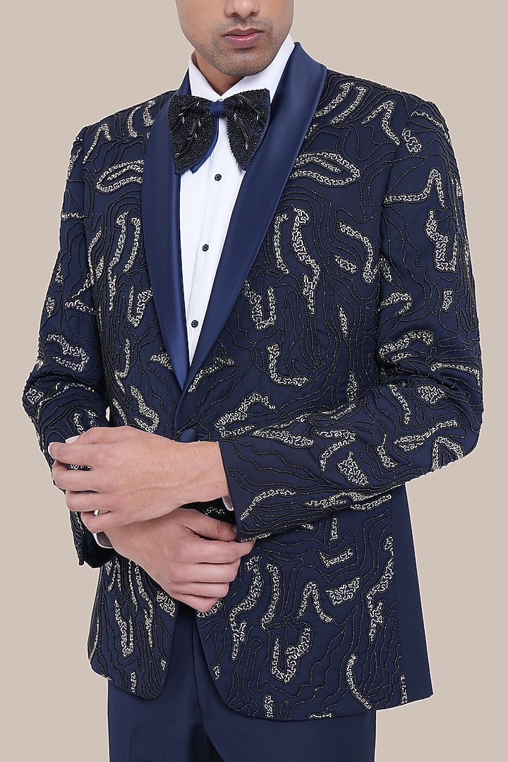 Navy Blue Wool Blend Zari Embroidered Tuxedo Set by BRAHAAN at Pernia's Pop Up Shop