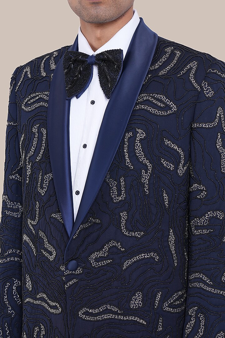 Navy Blue Wool Blend Zari Embroidered Tuxedo Set by BRAHAAN at Pernia's Pop Up Shop