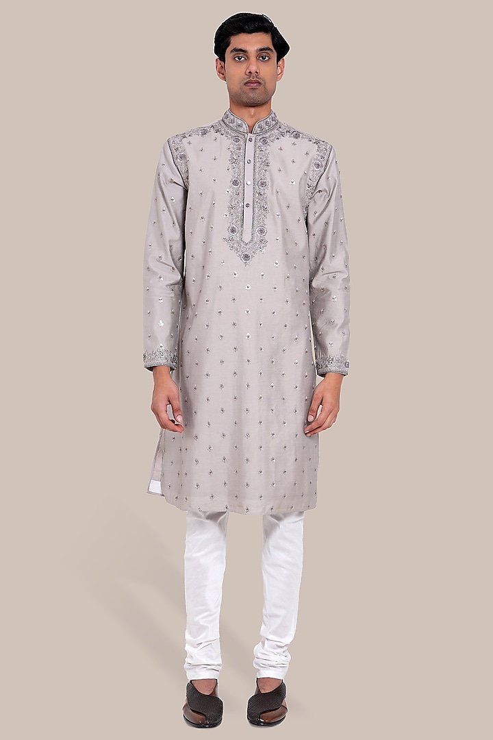 Grey Pure Chanderi Silk Thread Embroidered Kurta et by BRAHAAN