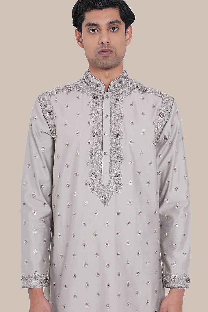 Grey Pure Chanderi Silk Thread Embroidered Kurta et by BRAHAAN at Pernia's Pop Up Shop