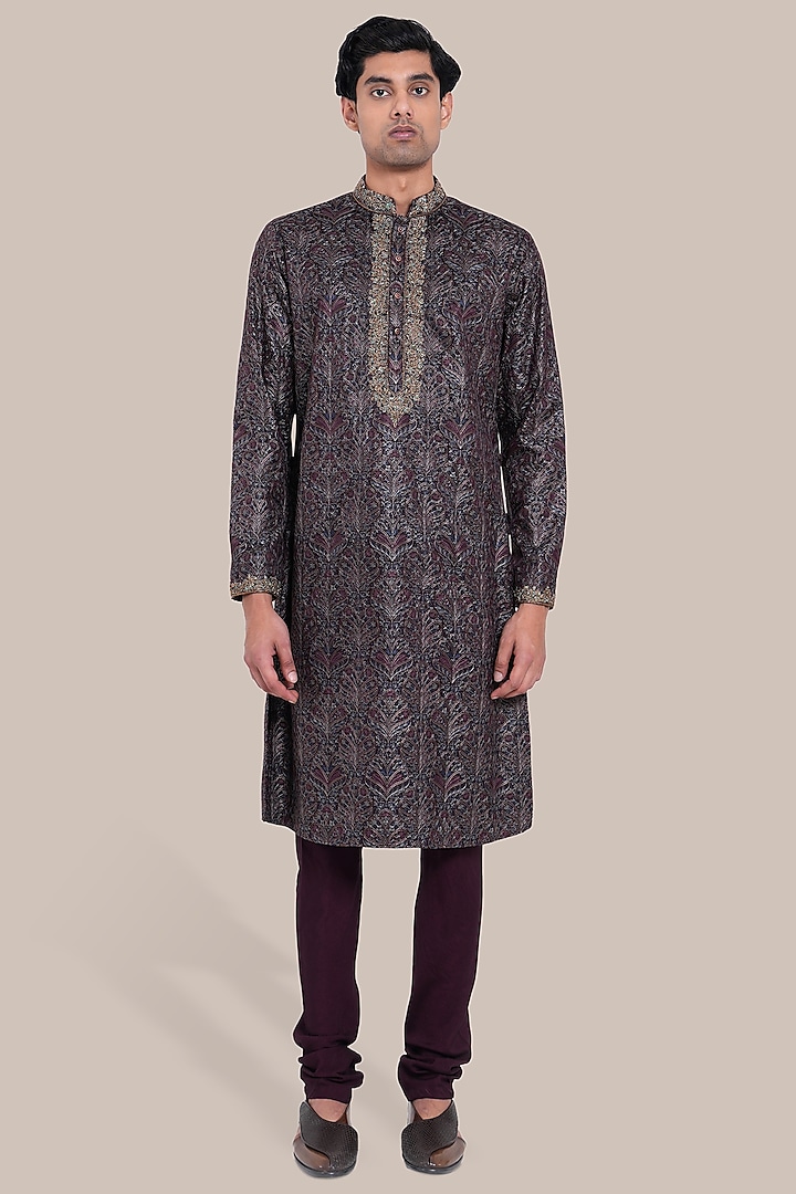 Wine Pure Silk Floral Printed & Embroidered Kurta Set by BRAHAAN