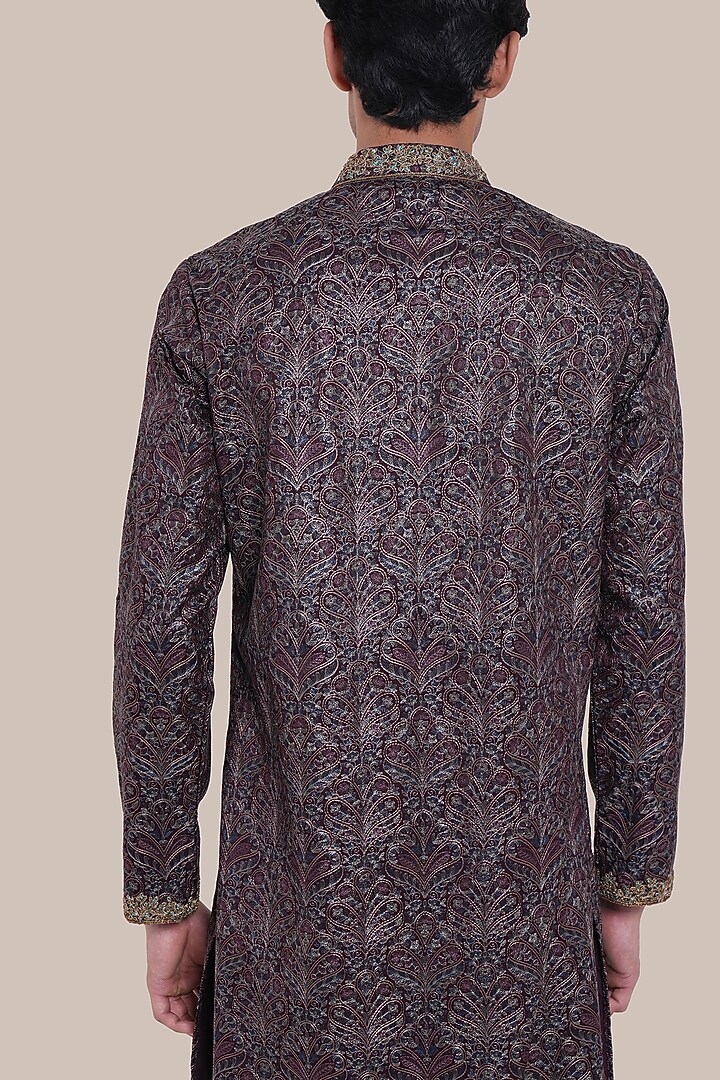 Wine Pure Silk Floral Printed & Embroidered Kurta Set by BRAHAAN at Pernia's Pop Up Shop