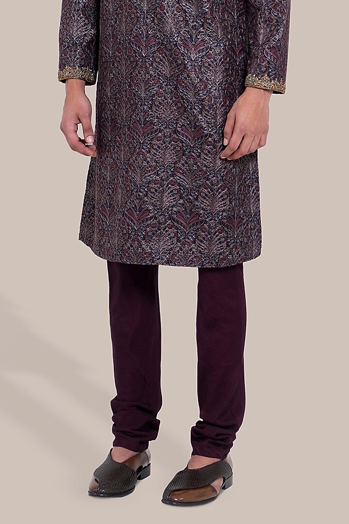 Wine Pure Silk Floral Printed & Embroidered Kurta Set by BRAHAAN at Pernia's Pop Up Shop