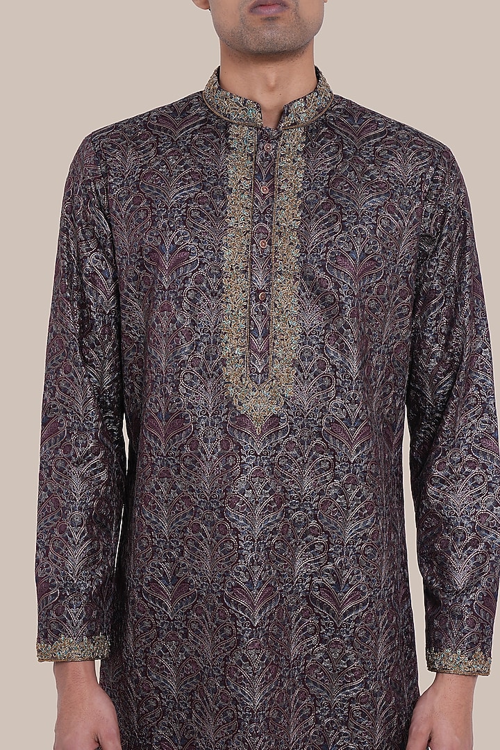 Wine Pure Silk Floral Printed & Embroidered Kurta Set by BRAHAAN at Pernia's Pop Up Shop