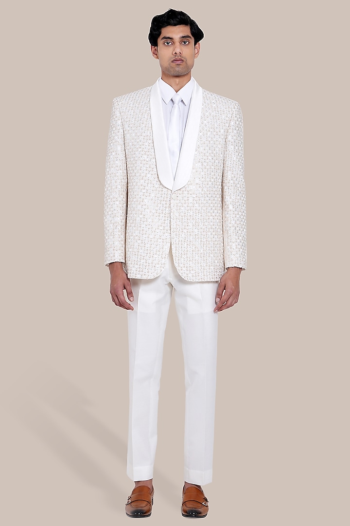 White Pure Silk Thread & Cutdana Embroidered Tuxedo Set by BRAHAAN at Pernia's Pop Up Shop