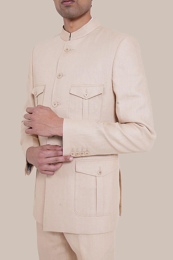 Beige Linen Wedding Bandhgala Set by BRAHAAN at Pernia's Pop Up Shop