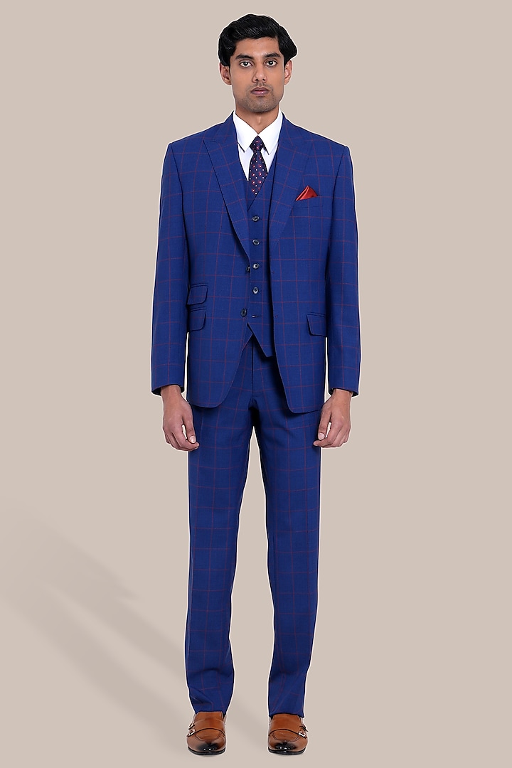 Navy Blue Wool Blend Checkered Tuxedo Set by BRAHAAN at Pernia's Pop Up Shop