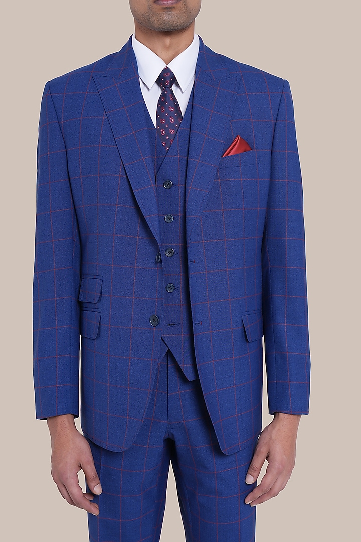 Navy Blue Wool Blend Checkered Tuxedo Set by BRAHAAN at Pernia's Pop Up Shop