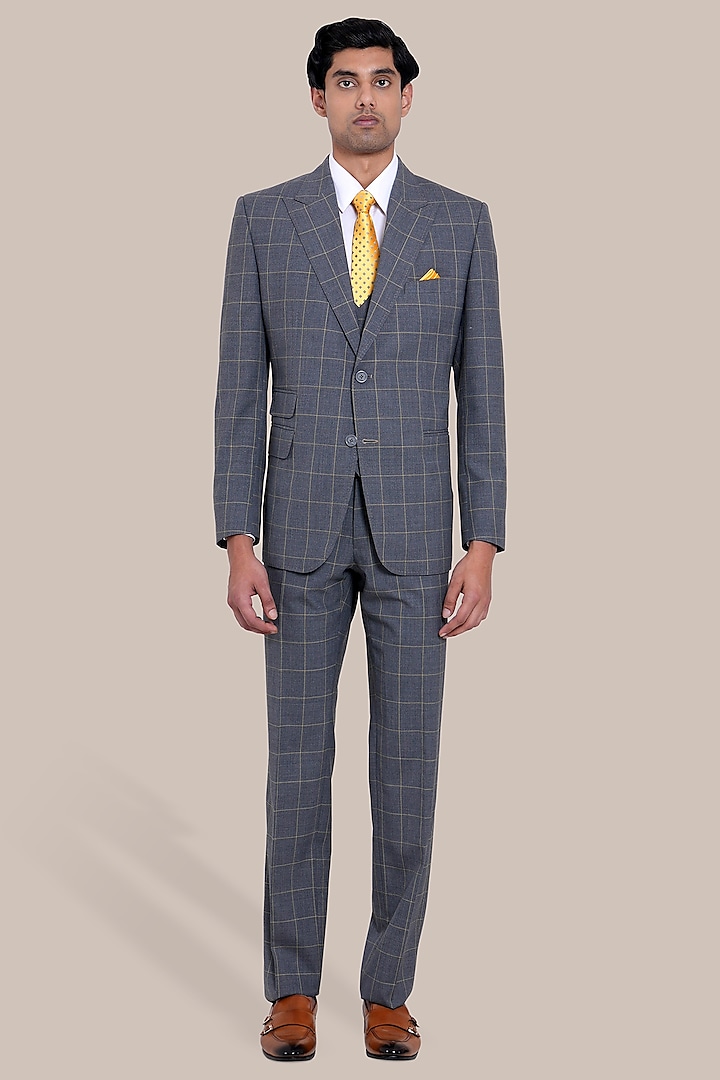 Grey Wool Blend Checkered Tuxedo Set by BRAHAAN