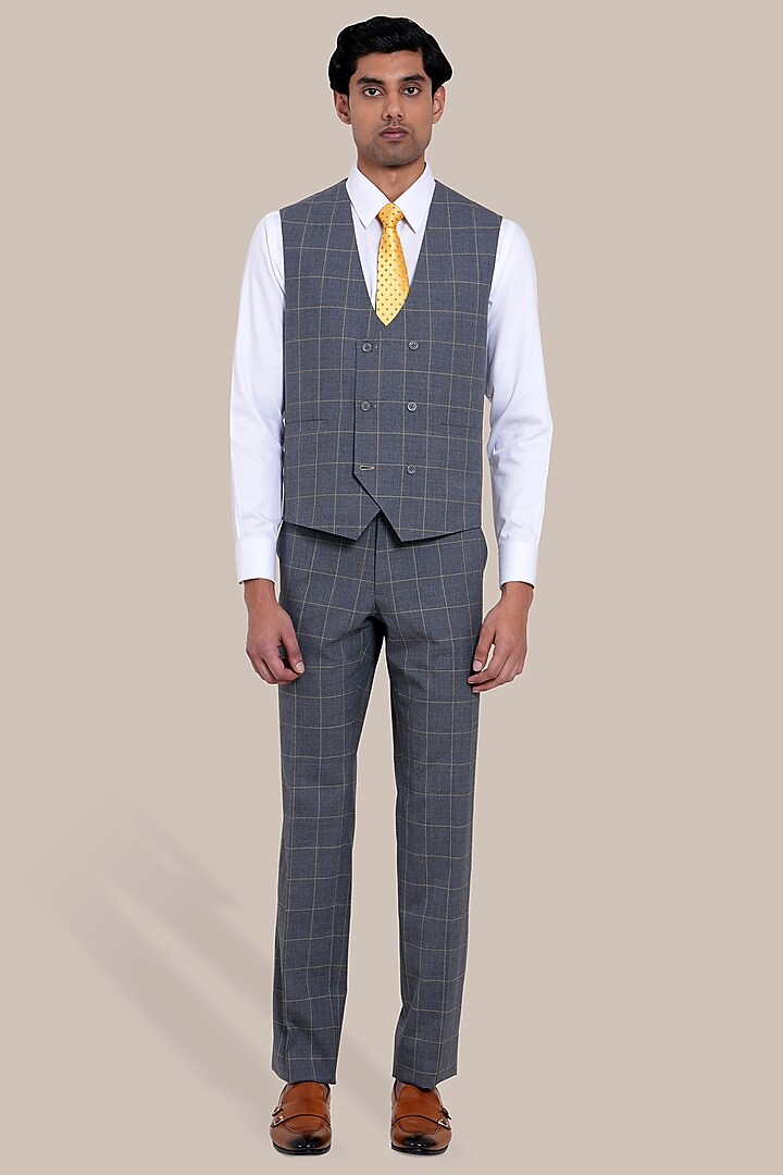 Grey Wool Blend Checkered Tuxedo Set by BRAHAAN at Pernia's Pop Up Shop
