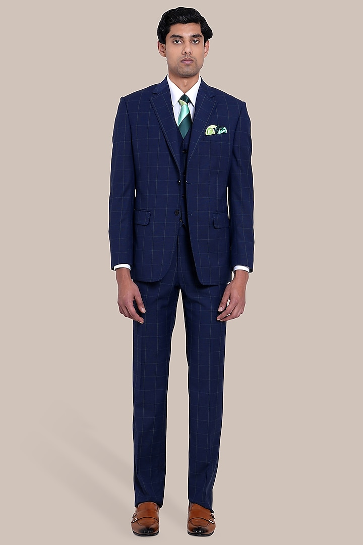 Navy Blue Poly Wool Checkered Tuxedo Set by BRAHAAN at Pernia's Pop Up Shop