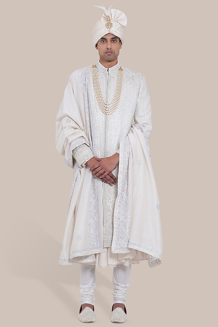 Off-White Georgette Silk Floral Embroidered Wedding Sherwani Set by BRAHAAN at Pernia's Pop Up Shop