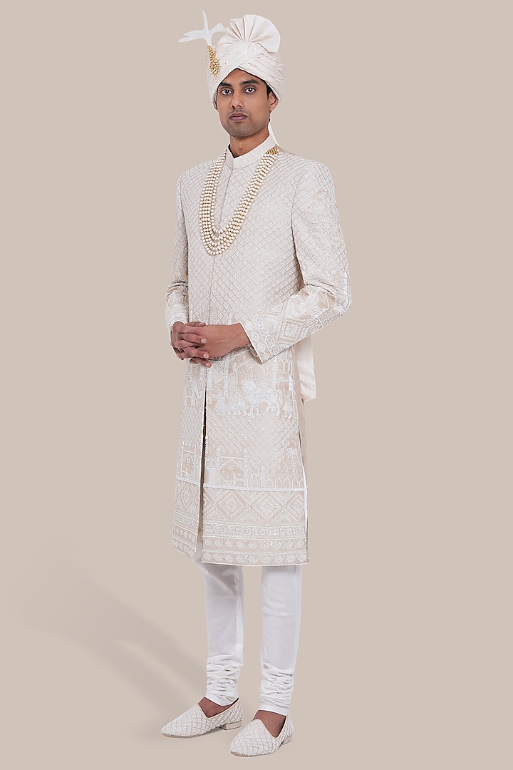 Beige Raw Silk Thread Embroidered Groom Sherwani Set by BRAHAAN at Pernia's Pop Up Shop