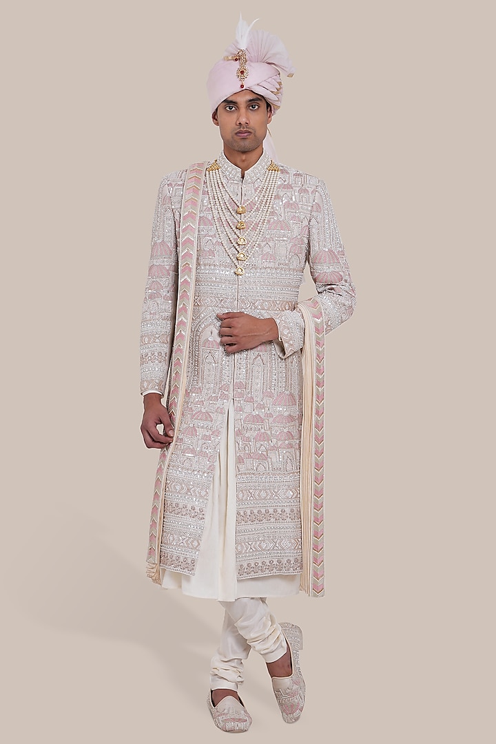 Peach Raw Silk Thread Embroidered Groom Sherwani Set by BRAHAAN at Pernia's Pop Up Shop