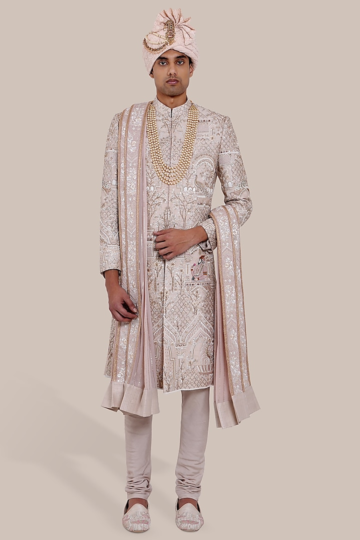 Peach Raw Silk Thread & Zari Embroidered Groom Sherwani Set by BRAHAAN at Pernia's Pop Up Shop