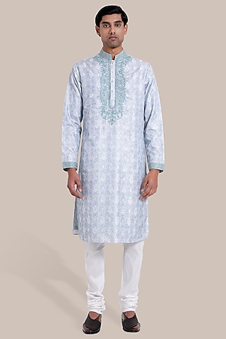 Light Green Silk Jacquard Thread Embroidered Kurta Set by BRAHAAN