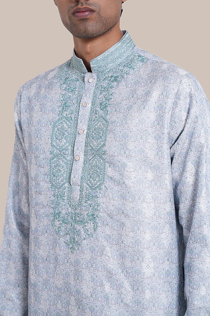 Light Green Silk Jacquard Thread Embroidered Kurta Set by BRAHAAN at Pernia's Pop Up Shop