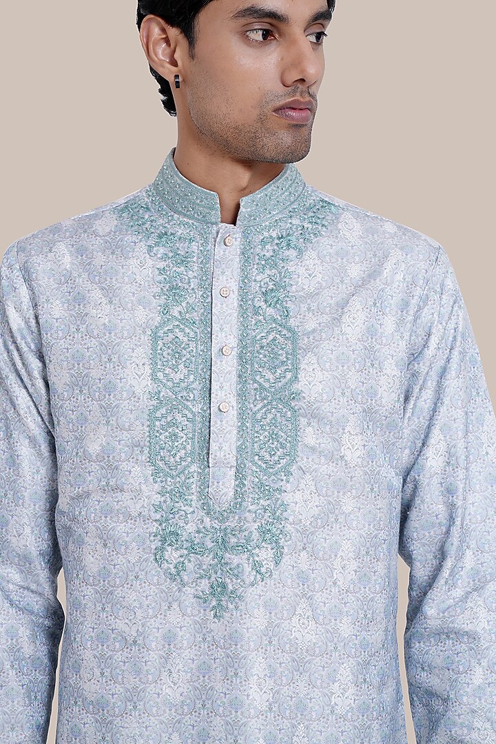 Light Green Silk Jacquard Thread Embroidered Kurta Set by BRAHAAN at Pernia's Pop Up Shop