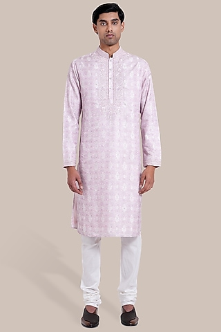 Pink Silk Jacquard Thread Embroidered Kurta Set by BRAHAAN