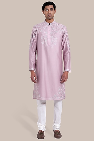 Pink Chanderi Silk Thread Embroidered Kurta Set by BRAHAAN