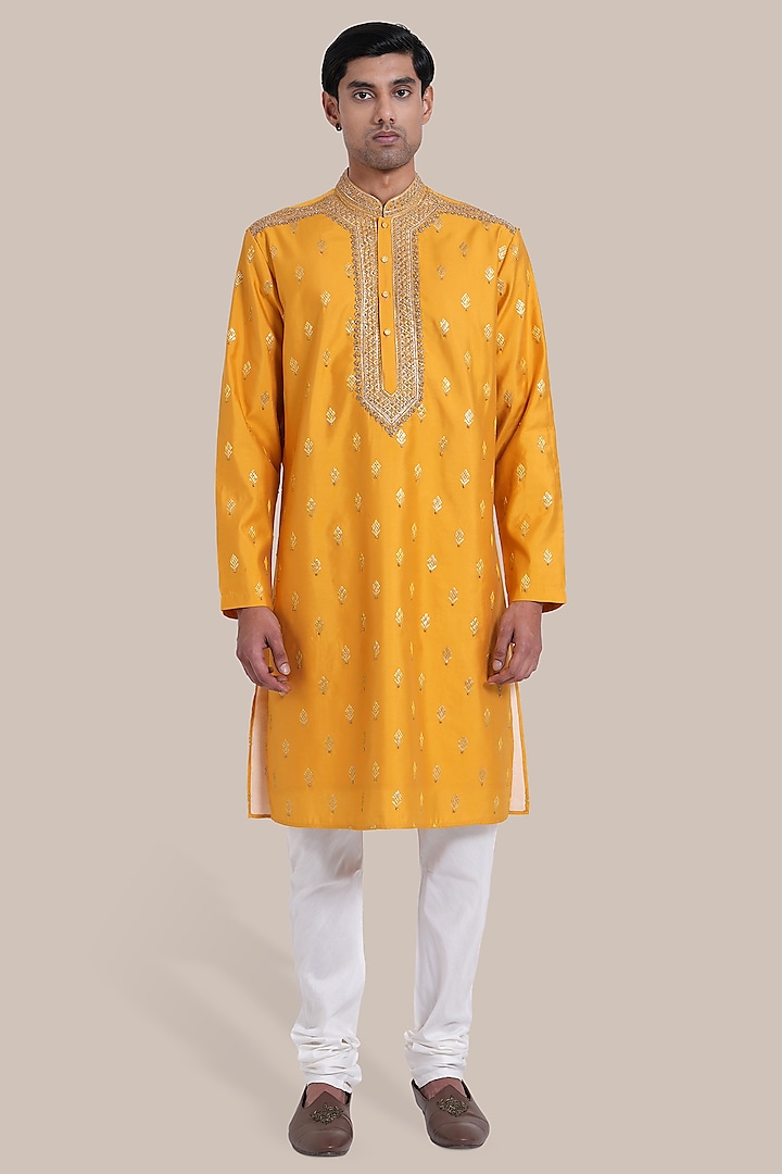 Yellow Chanderi Silk Thread Embroidered Kurta Set by BRAHAAN