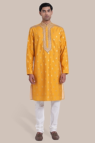 Yellow Chanderi Silk Thread Embroidered Kurta Set by BRAHAAN