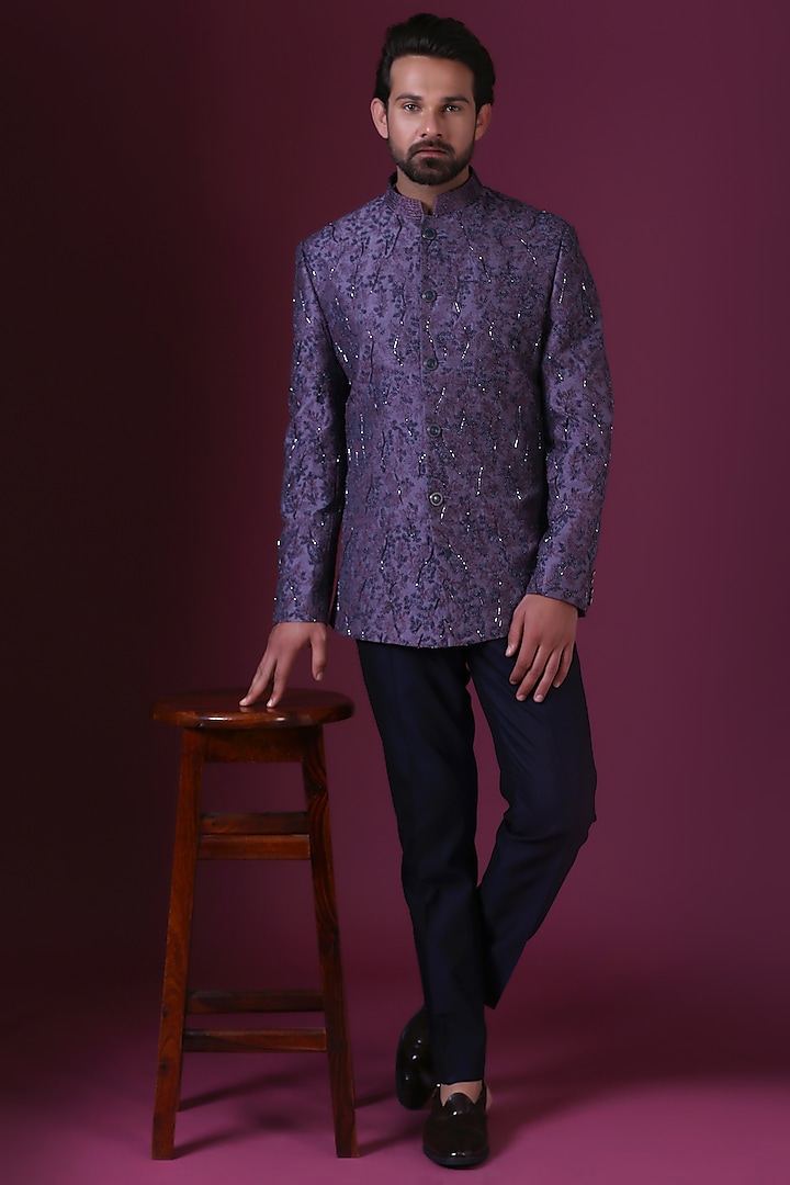 Purple Raw Silk Floral Embroidered Bandhgala Set by BRAHAAN