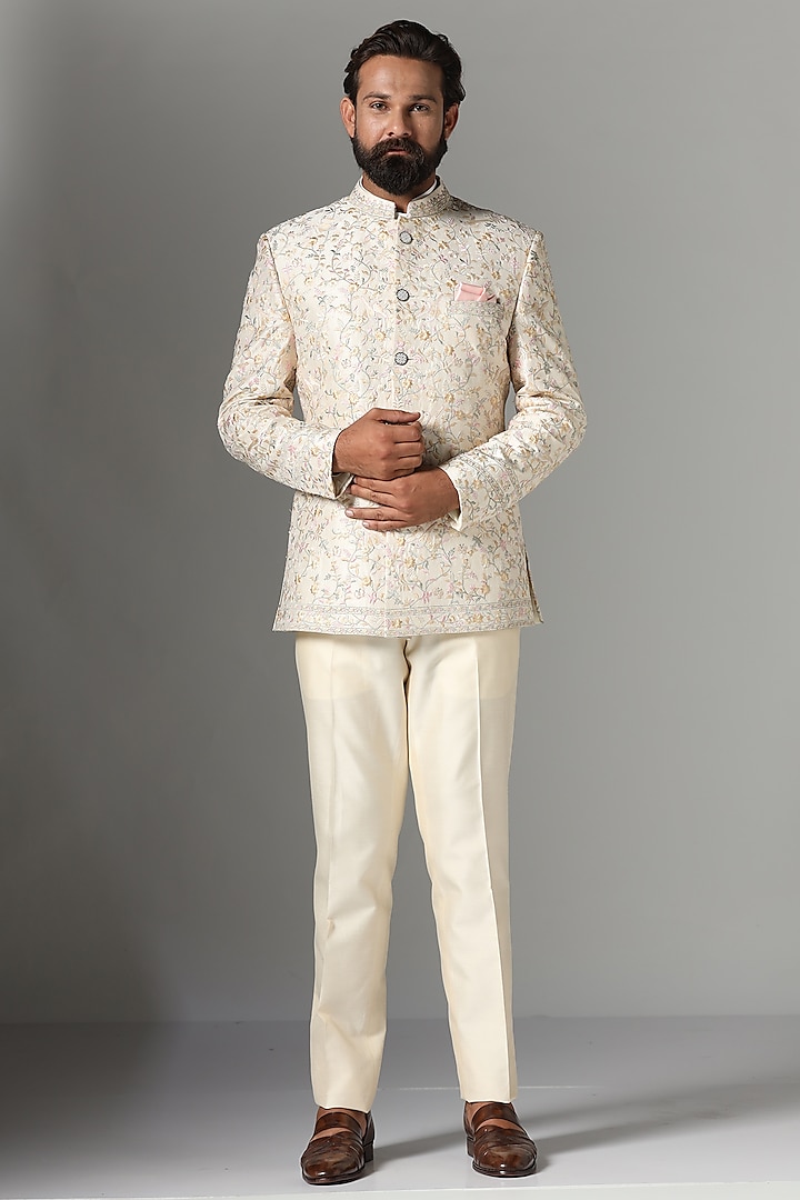 Off-White Raw Silk Thread Embroidered Bandhgala Set by BRAHAAN