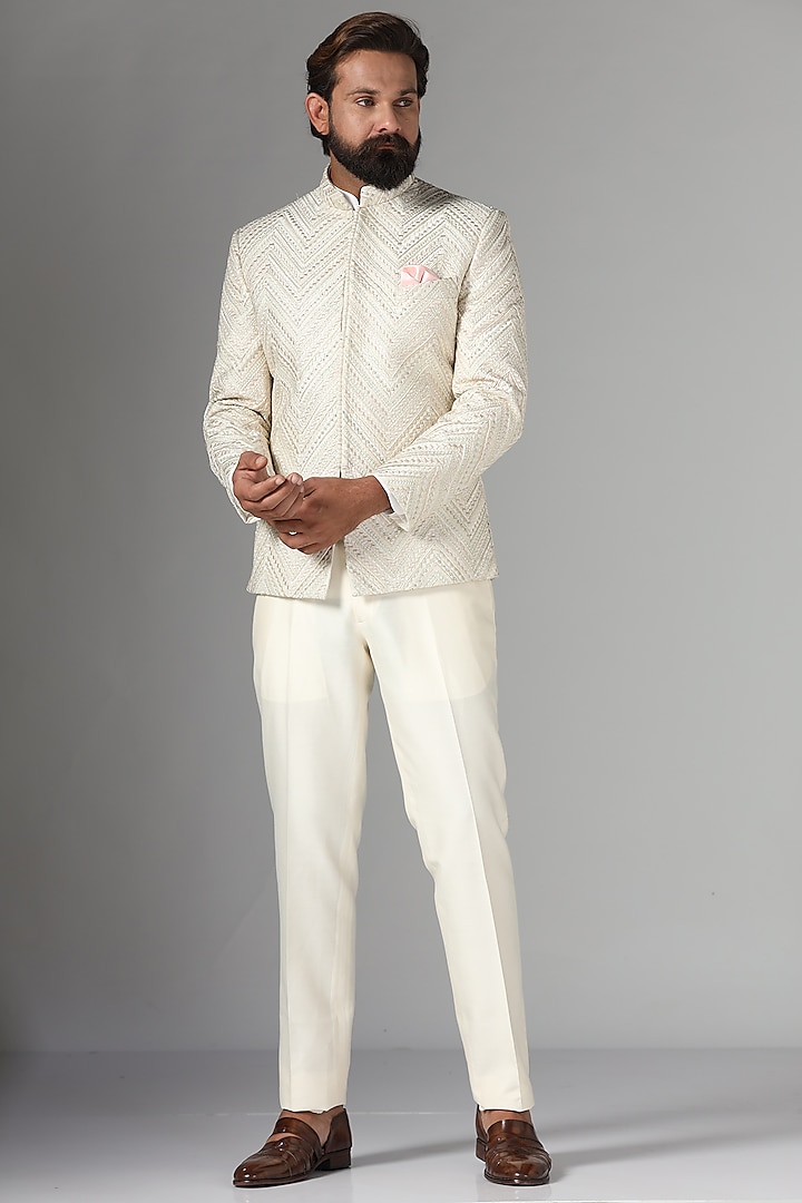 Off-White Raw Silk Thread Embroidered Bandhgala Set by BRAHAAN