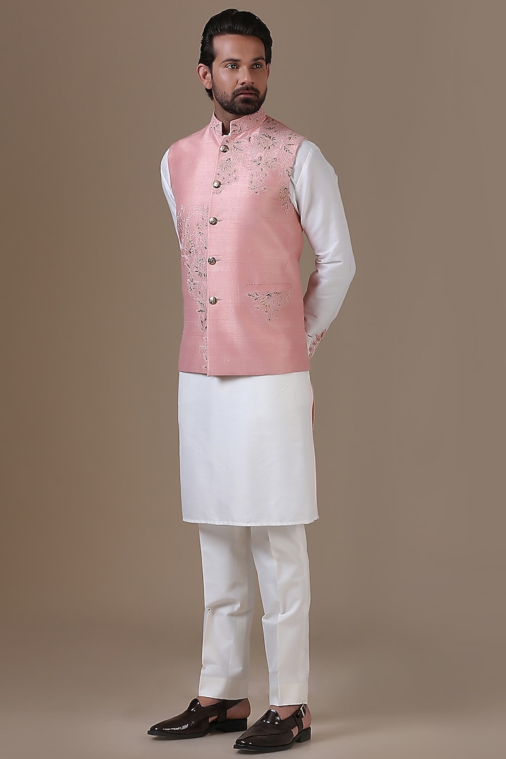 Peach Raw Silk Floral Embroidered Nehru Jacket Set by BRAHAAN