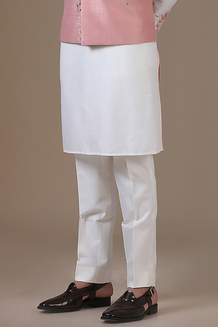 Peach Raw Silk Floral Embroidered Nehru Jacket Set by BRAHAAN at Pernia's Pop Up Shop