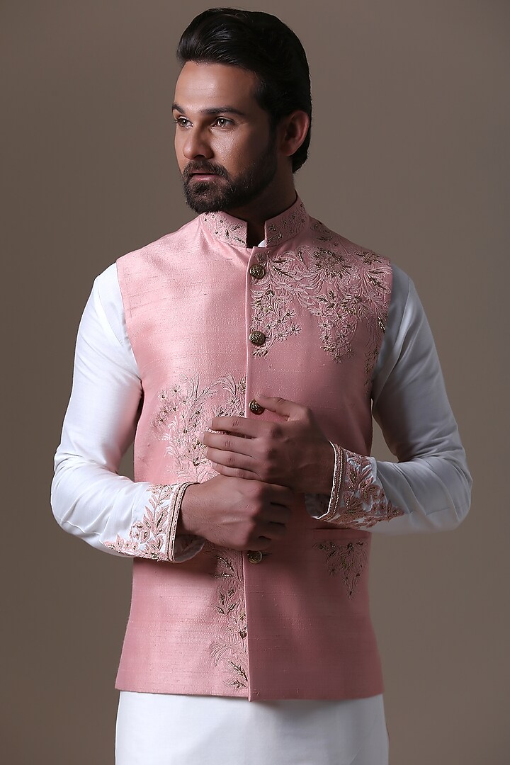 Peach Raw Silk Floral Embroidered Nehru Jacket Set by BRAHAAN at Pernia's Pop Up Shop
