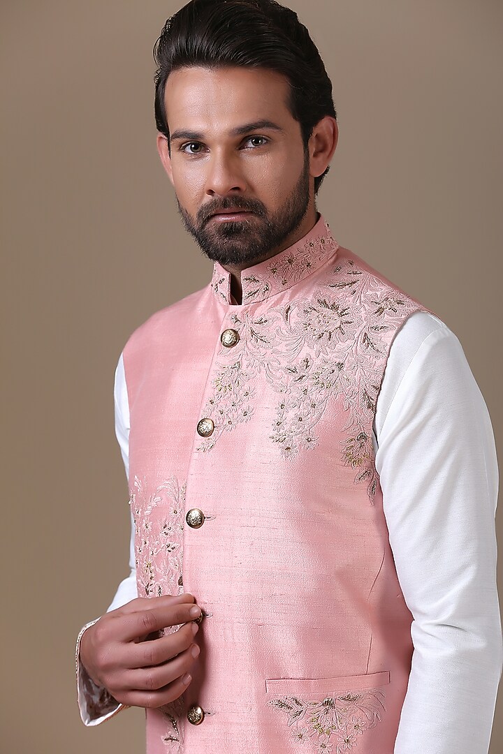 Peach Raw Silk Floral Embroidered Nehru Jacket Set by BRAHAAN at Pernia's Pop Up Shop