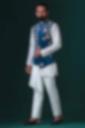 Teal Blue Micro Velvet Floral Embroidered Nehru Jacket Set by BRAHAAN at Pernia's Pop Up Shop