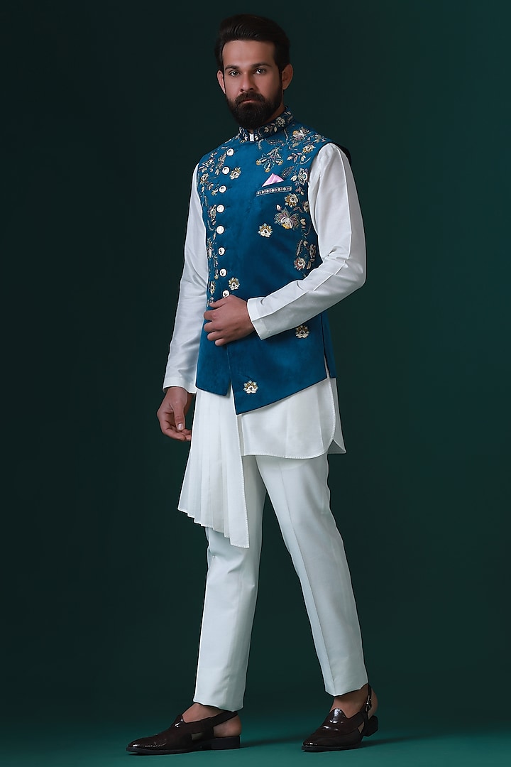 Teal Blue Micro Velvet Floral Embroidered Nehru Jacket Set by BRAHAAN at Pernia's Pop Up Shop