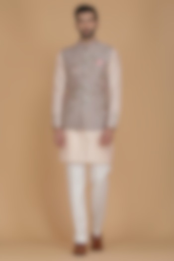 Beige Pure Silk Floral Embroidered Nehru Jacket Set by BRAHAAN at Pernia's Pop Up Shop