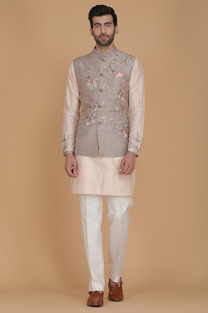 Beige Pure Silk Floral Embroidered Nehru Jacket Set by BRAHAAN at Pernia's Pop Up Shop