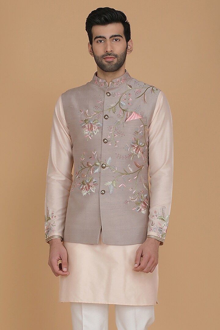 Beige Pure Silk Floral Embroidered Nehru Jacket Set by BRAHAAN at Pernia's Pop Up Shop