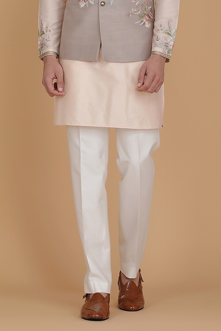 Beige Pure Silk Floral Embroidered Nehru Jacket Set by BRAHAAN at Pernia's Pop Up Shop