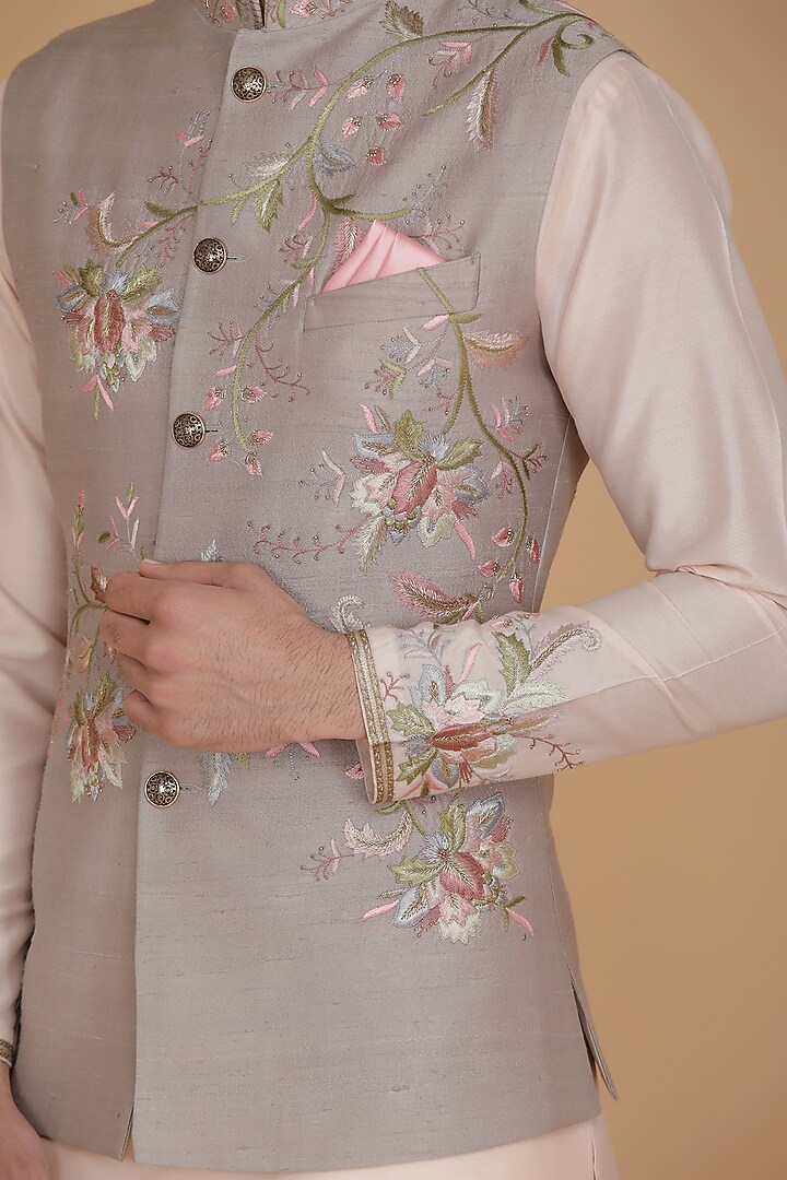 Beige Pure Silk Floral Embroidered Nehru Jacket Set by BRAHAAN at Pernia's Pop Up Shop