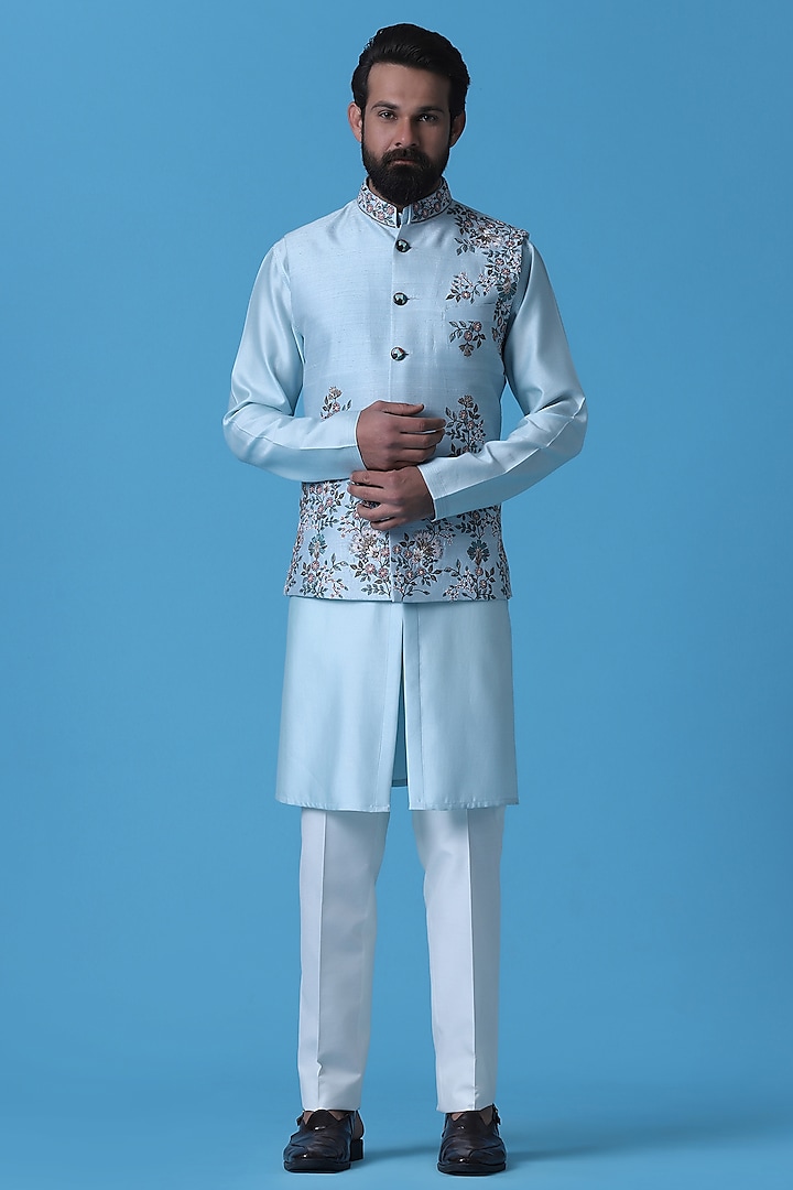 Light Teal Blue Raw Silk Floral Embroidered Nehru Jacket Set by BRAHAAN