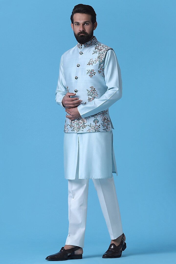Light Teal Blue Raw Silk Floral Embroidered Nehru Jacket Set by BRAHAAN at Pernia's Pop Up Shop