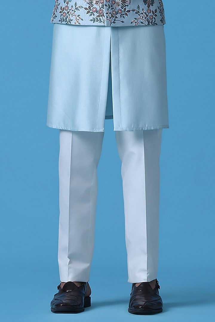 Light Teal Blue Raw Silk Floral Embroidered Nehru Jacket Set by BRAHAAN at Pernia's Pop Up Shop