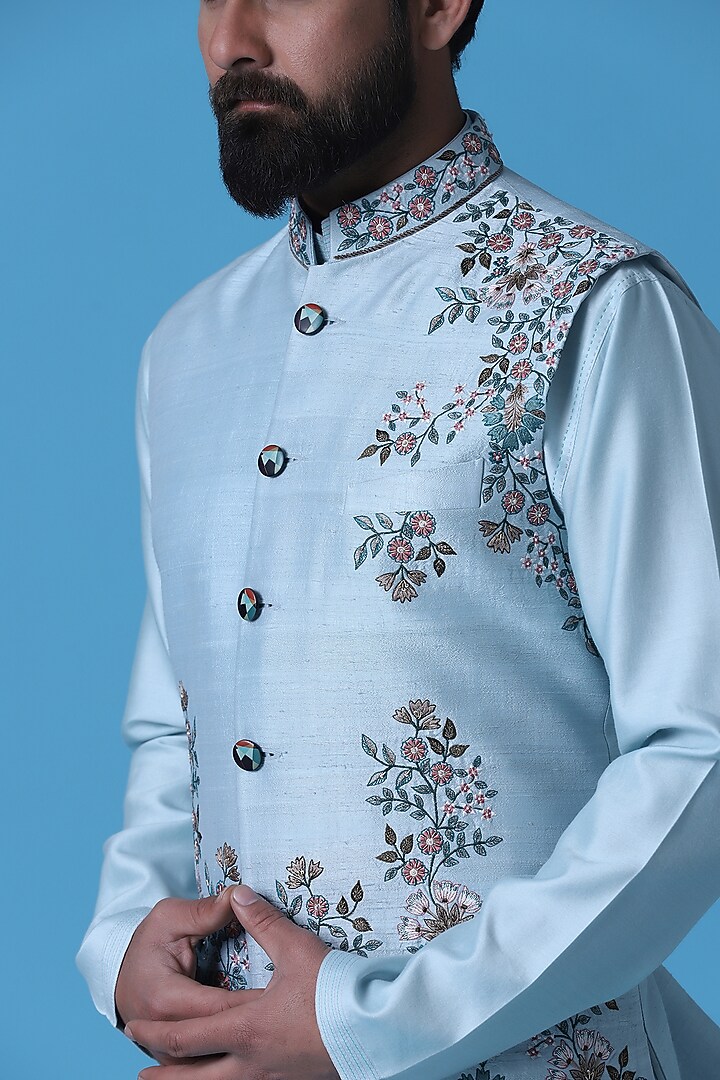 Light Teal Blue Raw Silk Floral Embroidered Nehru Jacket Set by BRAHAAN at Pernia's Pop Up Shop