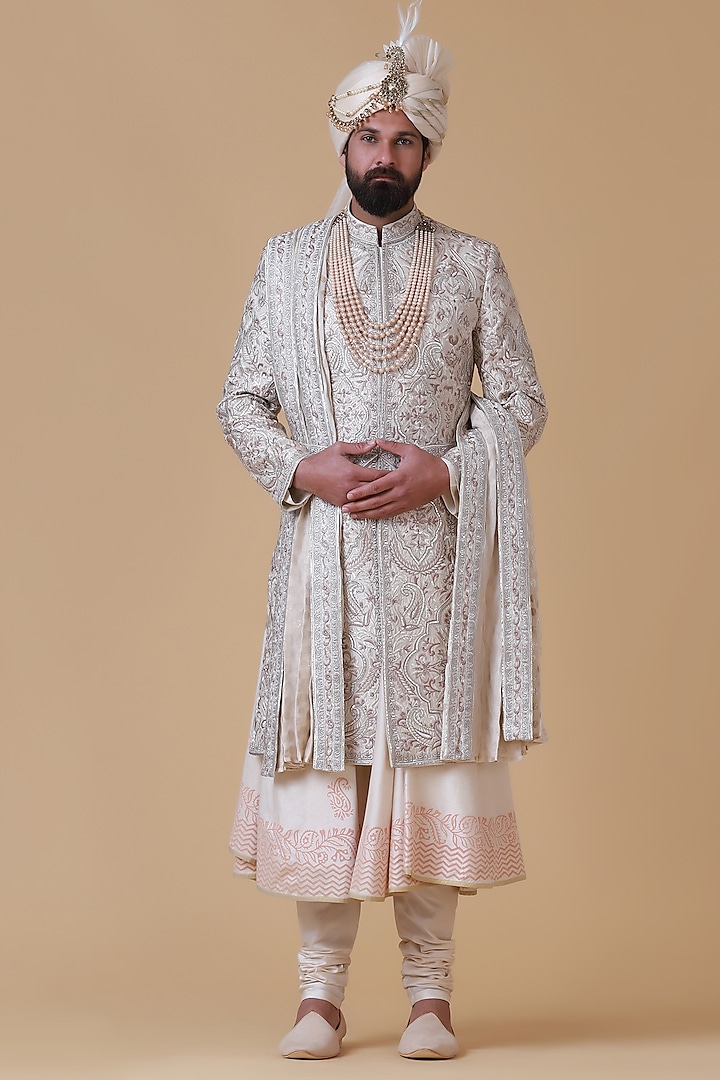 Beige & Pink Raw Silk Embroidered Sherwani Set by BRAHAAN