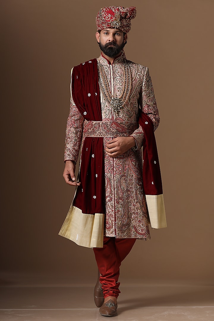 Maroon Ombre Raw Silk Embroidered Sherwani Set by BRAHAAN