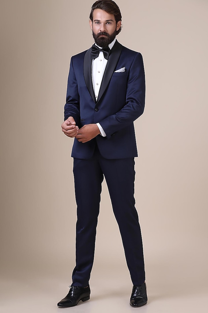 Blue Blended Velvet Tuxedo Set by BRAHAAN at Pernia's Pop Up Shop