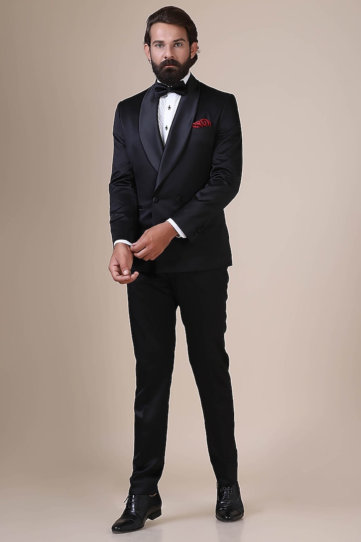 Black Polyester Satin Tuxedo Set by BRAHAAN at Pernia's Pop Up Shop